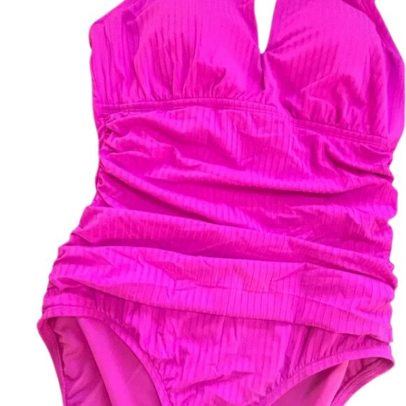 Ellen Tracy One Piece Keyhole Rib High Neck Over the Shoulder Swimsuit Size 12 - Picture 7 of 10